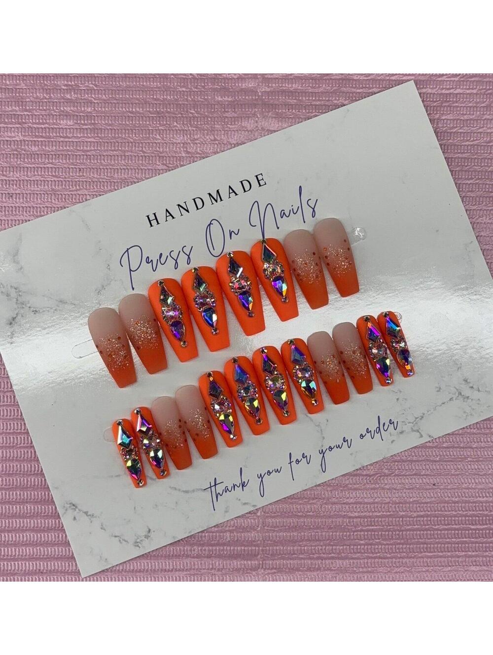 Long coffin orange press on nails rhinestones glitter ombré matte gold handmade